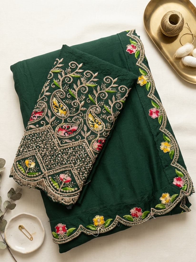 Green embroidered fabric with floral patterns on a white background, featuring the brand 'ARISSA'.